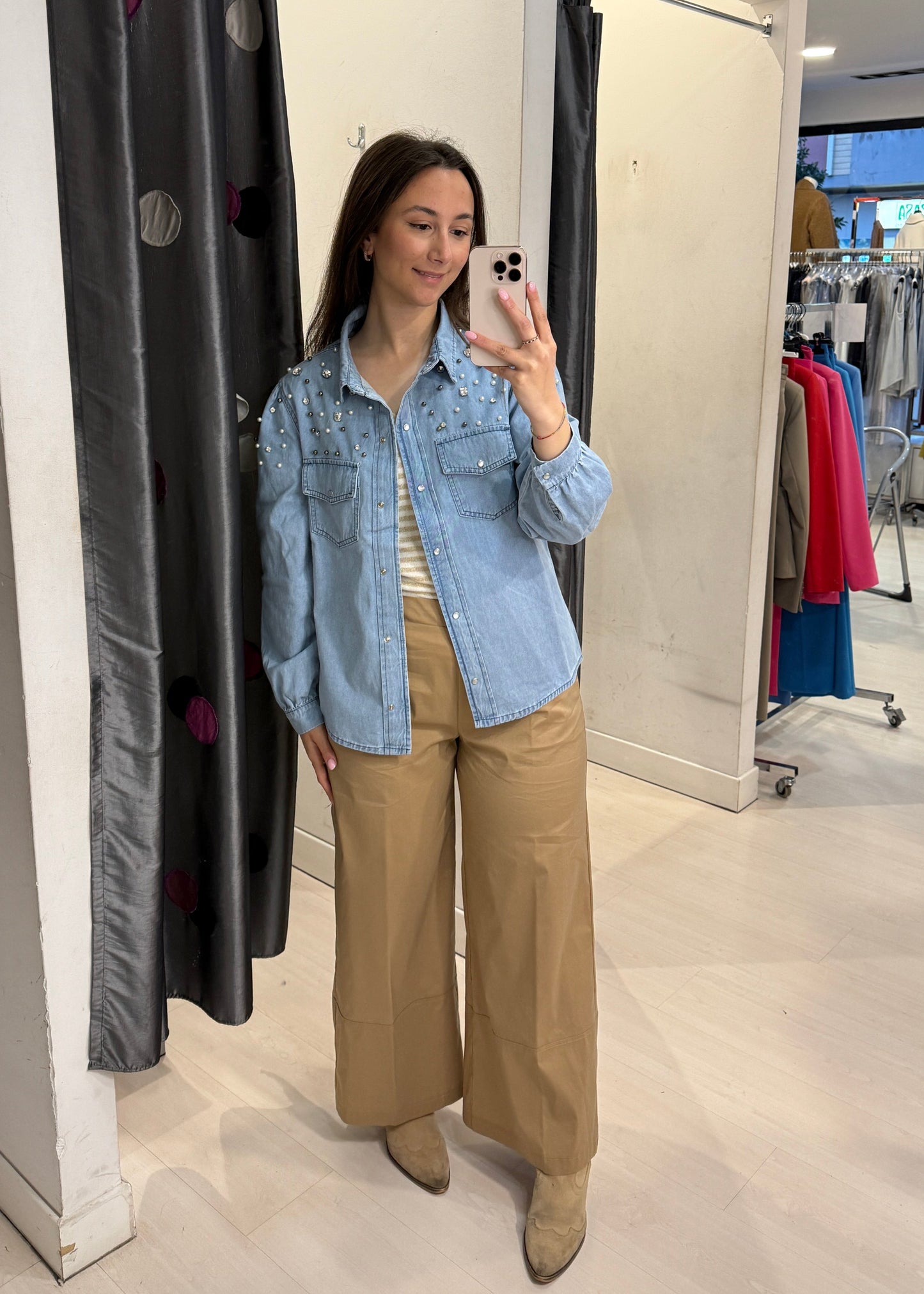 Camicia in denim con pietre e perle MORE