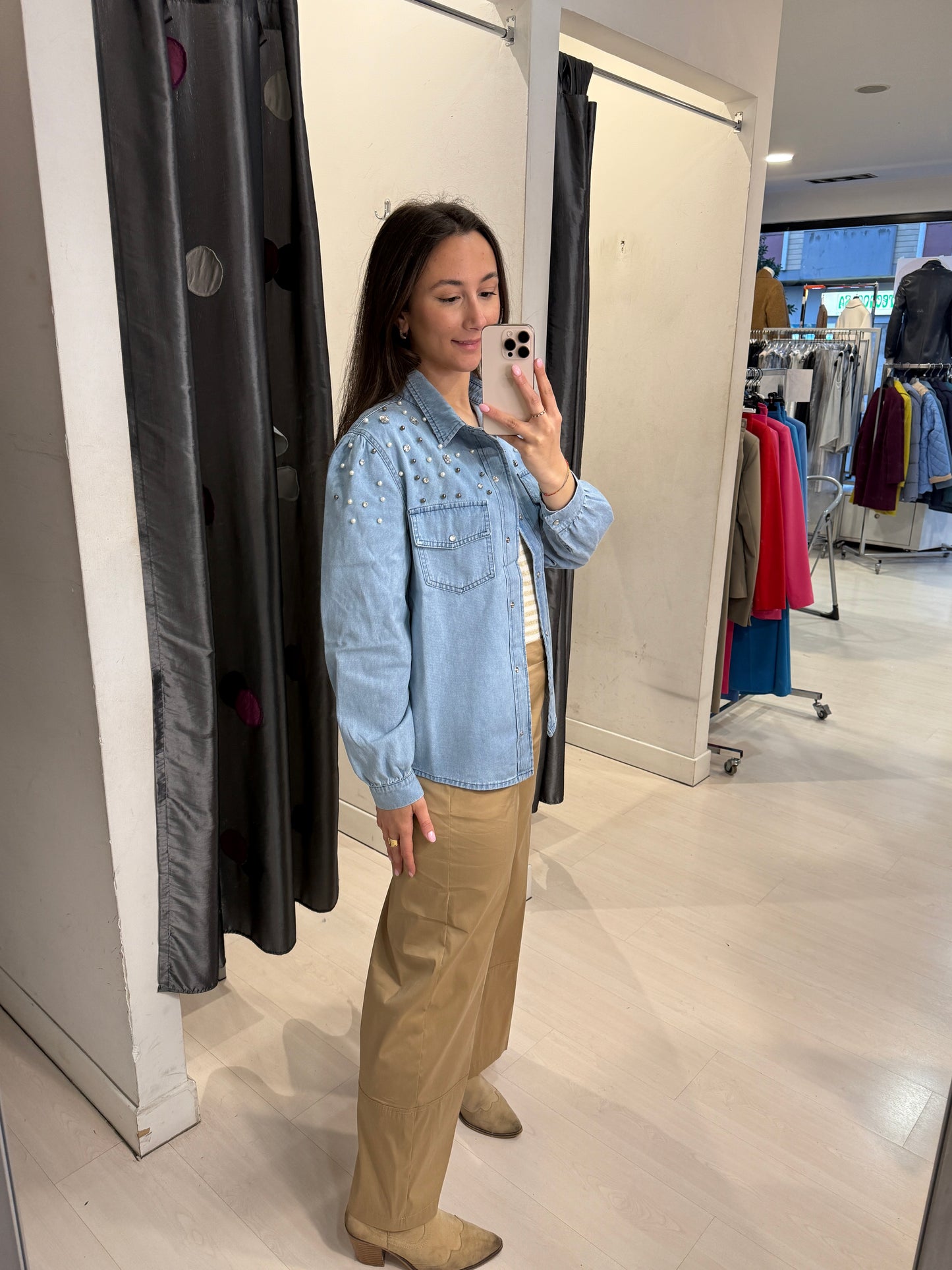 Camicia in denim con pietre e perle MORE