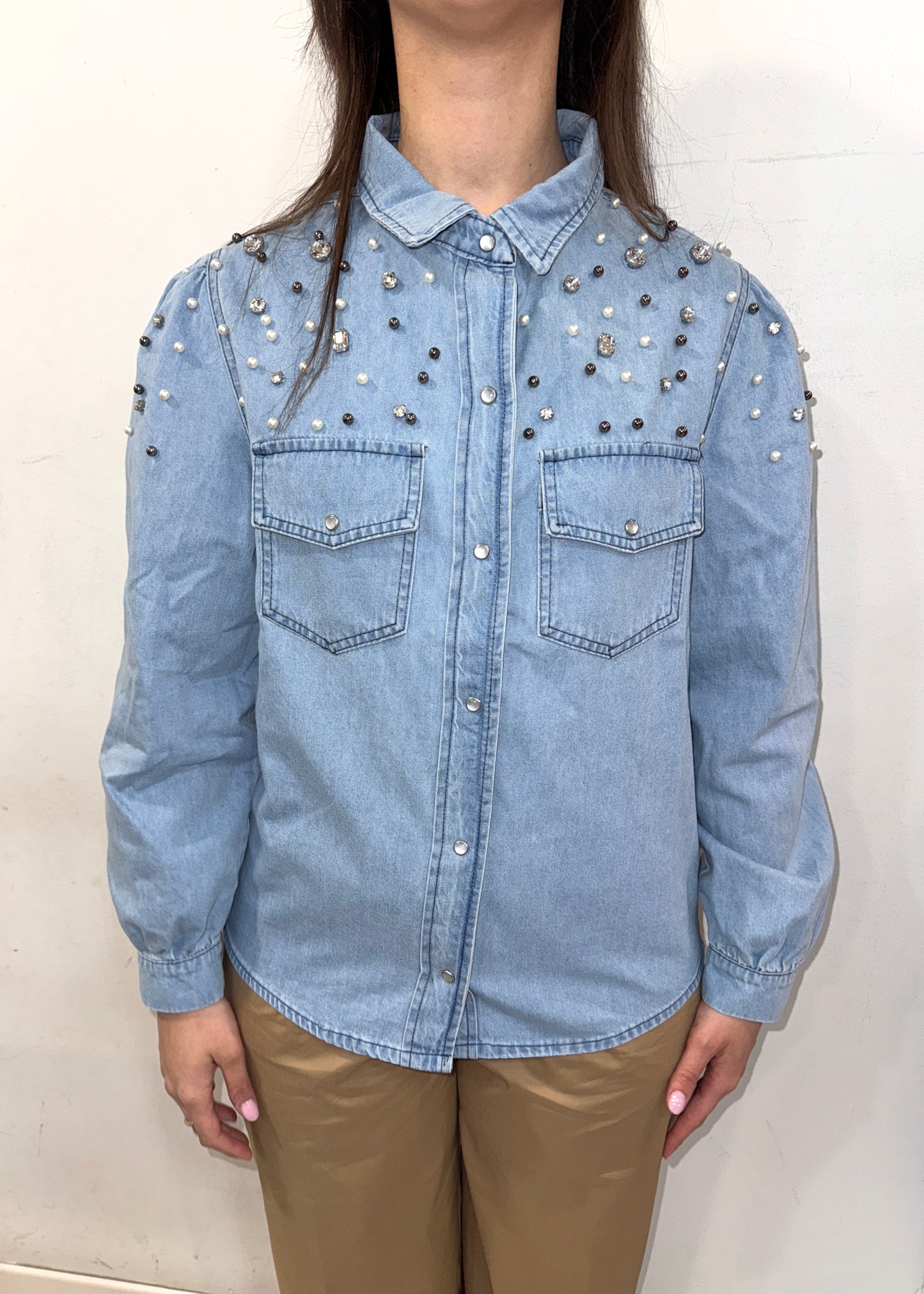 Camicia in denim con pietre e perle MORE